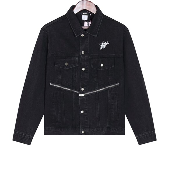 We11done Printed Diagonal Zipper Washed Denim Jacket
